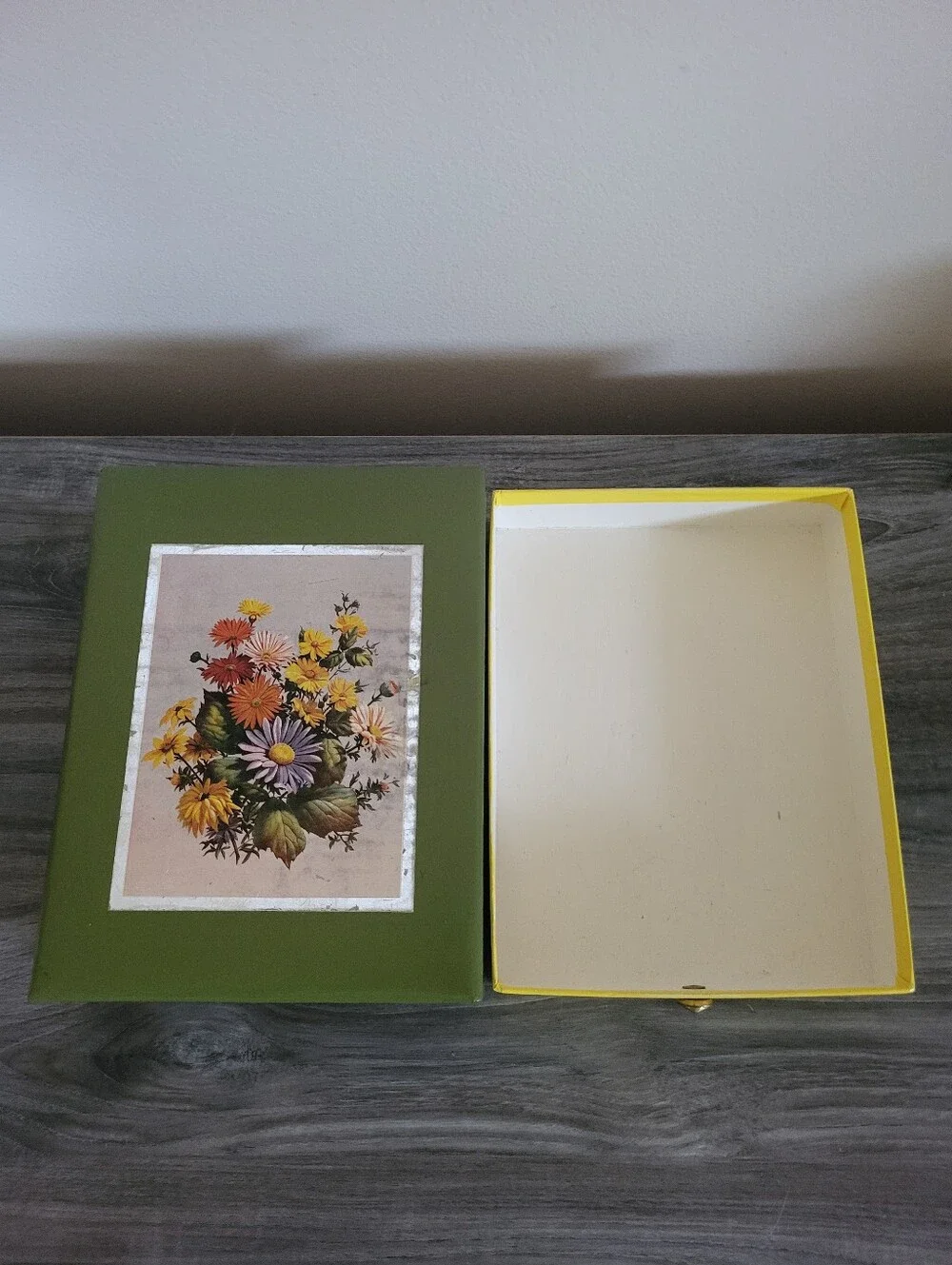 Vintage Floral Stationary Storage Drawer Box Green Yellow
